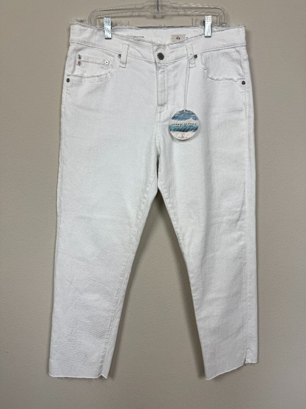 AG Ex-boyfriend Slouchy Slim White Denim Jeans Raw Hem Women's 32R Decostructed